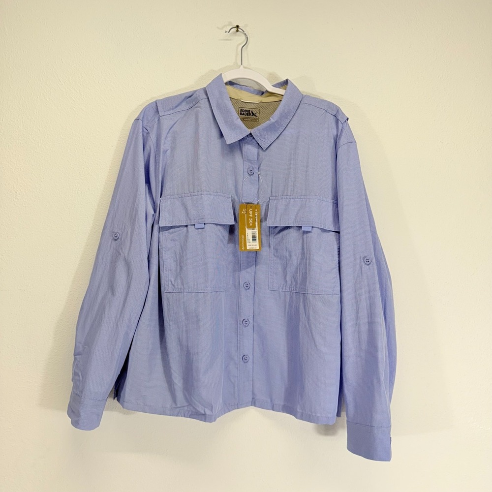 Eddie Bauer Women's Guide 3.0 UPF Roll Tab Long Sleeve Blue Travel Shirt 2X Plus